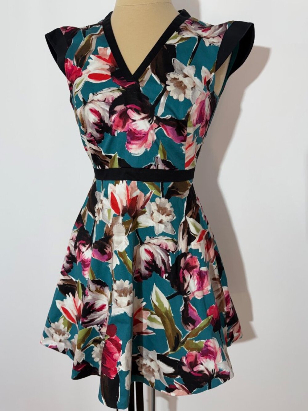 Karen Millen Teal Blue Floral Print Cap Sleeve Fit & Flare Dress